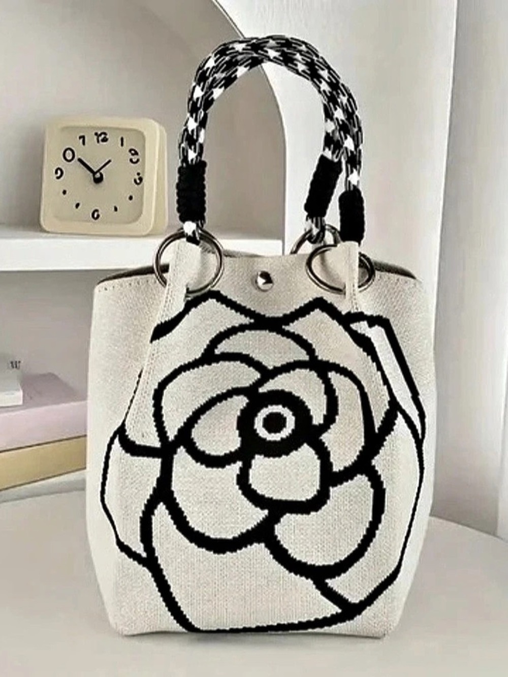 Camellia Flower Knit Bucket Handbag